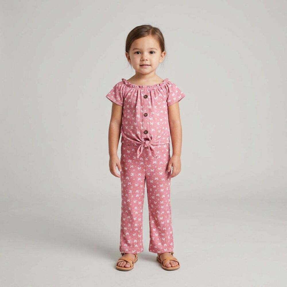Heart & Arrow 2T Toddler Girls Pink Butterfly Ribbed Top & Pants Outfit Set